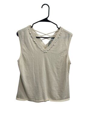 Patchington Large Beaded White Silk Blend Sleeveless Tank Top Crisscross Back